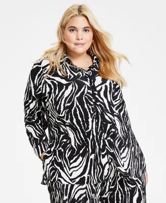 Bar Iii Plus Size Printed Plisse Button-Up Shirt, Created for Macy's