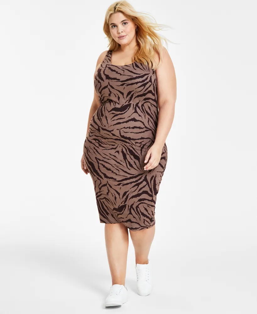 Bar Iii Plus Size Zebra-Print Bodycon Midi Dress, Created for Macy's