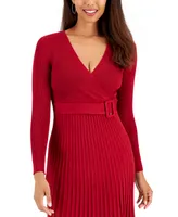 Robbie Bee Petite Ribbed Pleated-Skirt Belted Sweater Dress