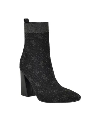 Guess Women's Yonel Block Heel Stretch Knit Logo Dress Booties