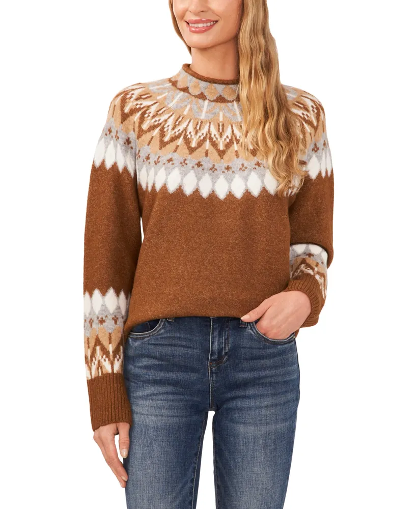 CeCe Women's Fair Isle Long Sleeve Mock Neck Sweater