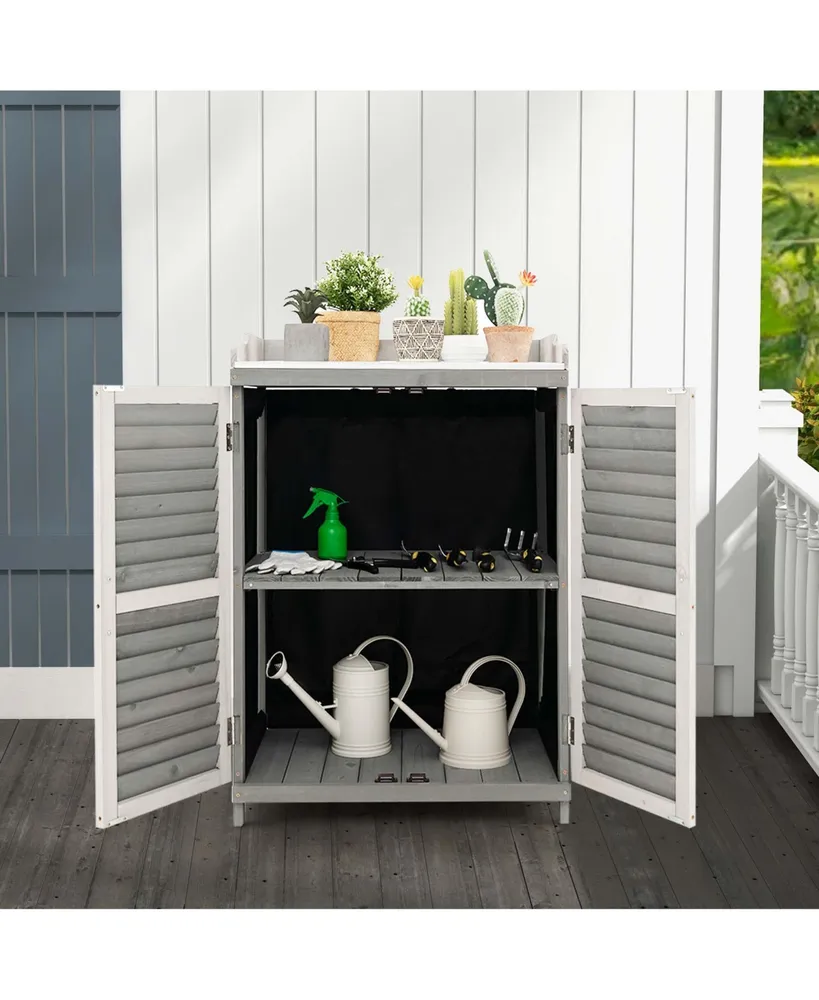Outdoor Potting Bench Table, Garden Storage Cabinet with Metal Tabletop