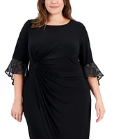 Connected Plus Lace-Cuff 3/4-Sleeve Chiffon Dress