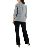 Kasper Womens Plaid Open Jacket Matte Satin Tie Neck Blouse Fly Front Pocket Trousers