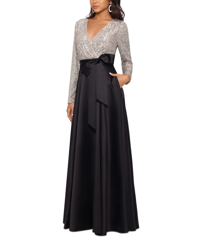 Xscape Petite Sequin-Bodice Long-Sleeve Ball Gown