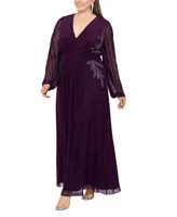 Betsy & Adam Plus Size Beaded Applique V-Neck Gown