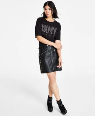 Dkny Jeans Womens Crewneck Embellished Logo T Shirt Womens Faux Leather Studded Mini Skirt