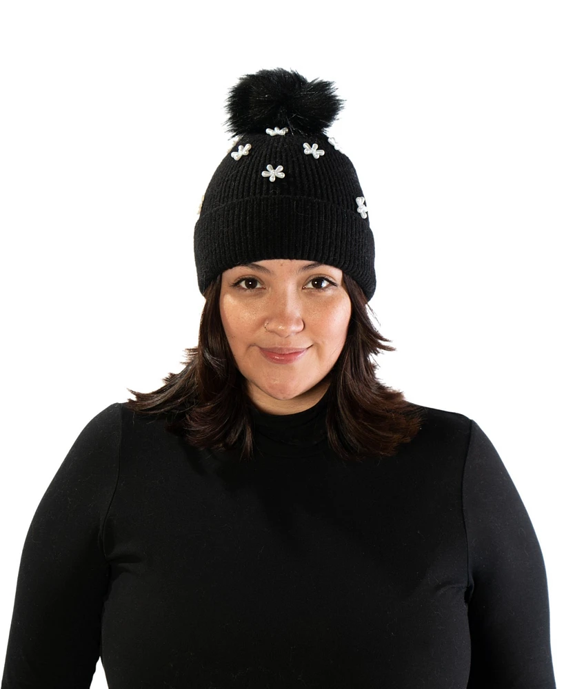 Marcus Adler Imitation Pearl Flower Pom Beanie