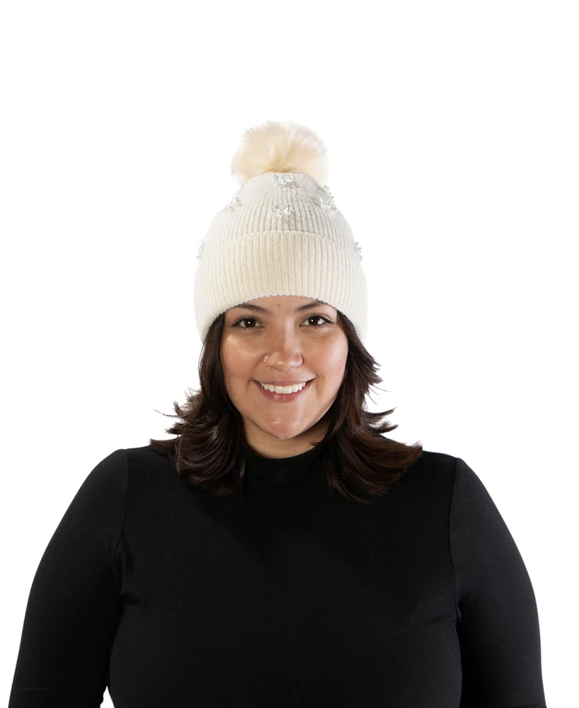 Marcus Adler Imitation Pearl Flower Pom Beanie
