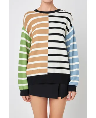 English Factory Women's Striped Combo Sweater with Buttons