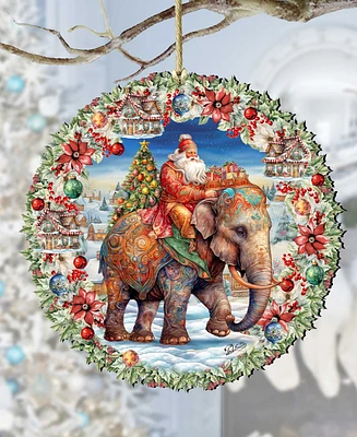 Designocracy Santa on Elephant Wreath Christmas Wooden Ornaments Holiday Decor G. DeBrekht