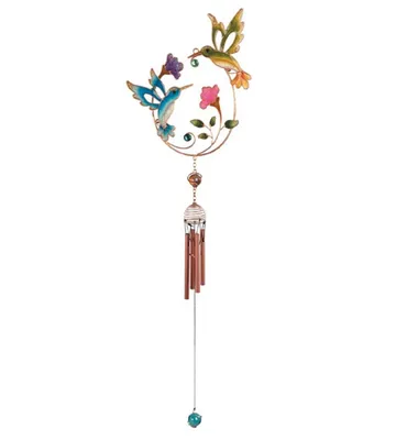 32" Long Blue Bird and Green Bird Copper and Gem Wind Chime
