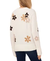 CeCe Women's Flower Patterned Knit Crewneck Sweater