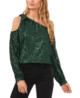 CeCe Women's Long Sleeve Sequin Bow Detail One-Shoulder Top