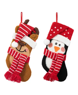 Glitzhome Hooked Stocking, Penguin Reindeer, Set of 2