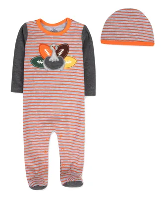 Baby Essentials Boys Thanksgiving Football Footed Coverall and Hat, 2 Piece Set