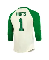 Men's Majestic Threads Jalen Hurts Cream, Kelly Green Philadelphia Eagles Alternate Player Name and Number Raglan 3/4-Sleeve T-shirt