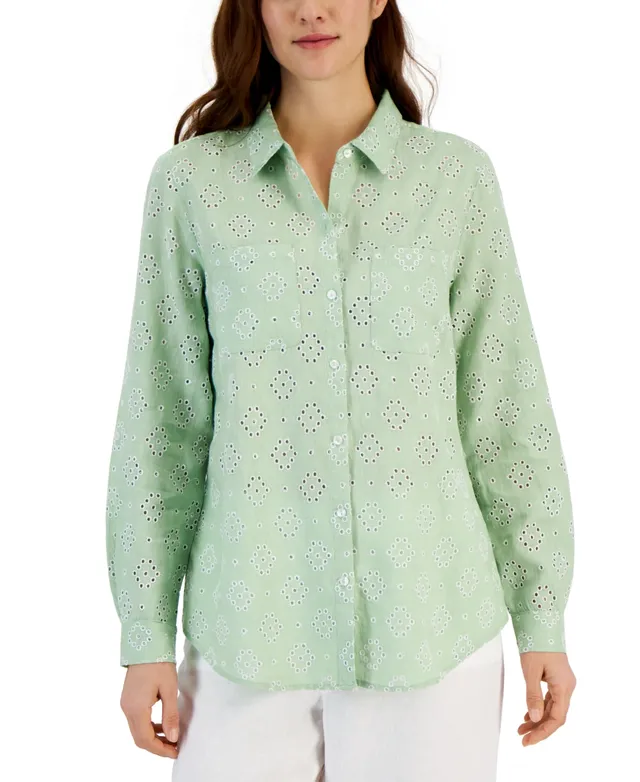 Charter Club Women's 100% Linen Eyelet Button-Front Shirt, Created