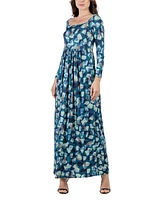 24seven Comfort Apparel Women's Abstract Long Sleeve Pleated Maxi Dress