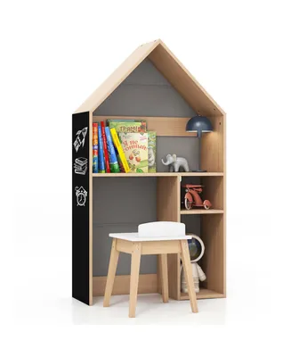 Kids House-Shaped Table & Chair Set Wooden Toy Organizer Cabinet with Blackboard