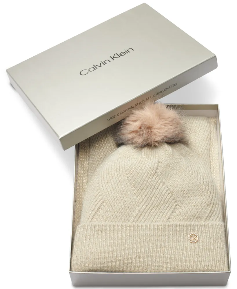 Calvin Klein Women's Pom Pom Beanie & Scarf Boxed Gift Set