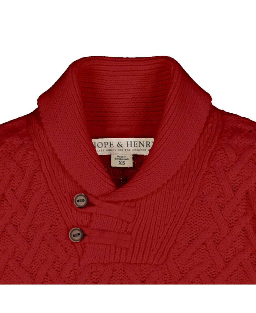 Hope & Henry Boys Organic Long Sleeve Shawl Collar Herringbone Cable Sweater with Elbow Patches
