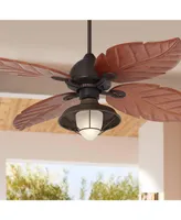 Casa Vieja 60" Casa Oak Creek Tropical Outdoor Ceiling Fan with Led Light Oil Rubbed Bronze Walnut Solid Wood Blade Frosted Glass Bowl Damp Rated for