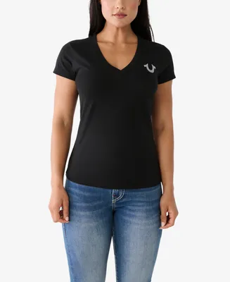 True Religion Women's Short Sleeve Crystal Script Slim V-neck T-shirt