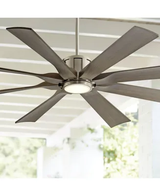 Possini Euro Design 60" Defender Modern Large Outdoor Ceiling Fan with Led Light Remote Control Brushed Nickel Weathered Oak Blades Dimmable Damp Rate