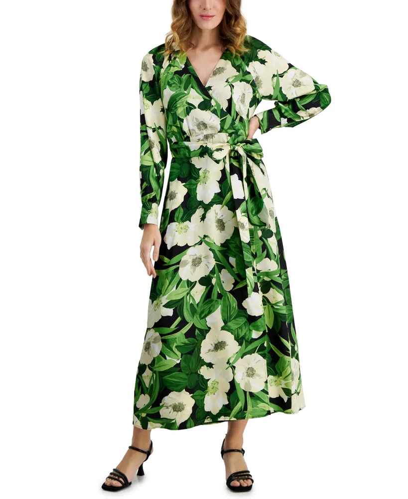 Anne Klein Women's Floral V-Neck Faux-Wrap Maxi Dress
