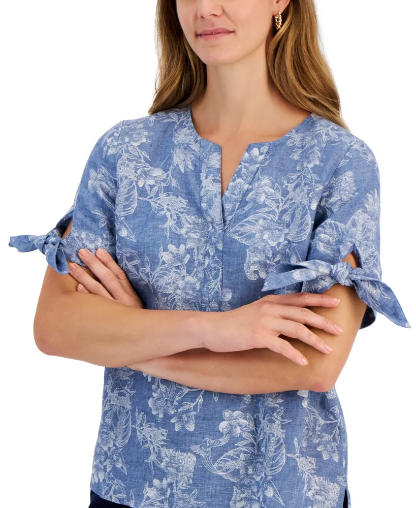 Charter Club Women's 100% Linen Foliage-Print Tie-Sleeve Top, Created for Macy's