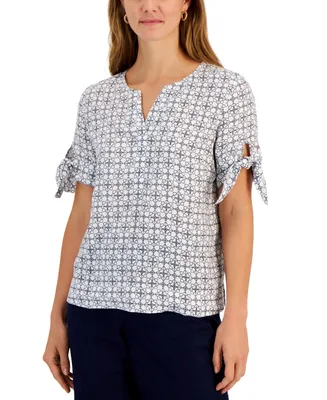 Charter Club Women's 100% Linen Geo-Print Tie-Sleeve Top, Created for Macy's
