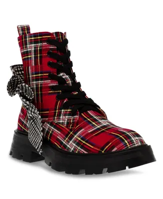 Betsey Johnson Women's Rozey Plaid Combat Boots with Contrast Ruffle