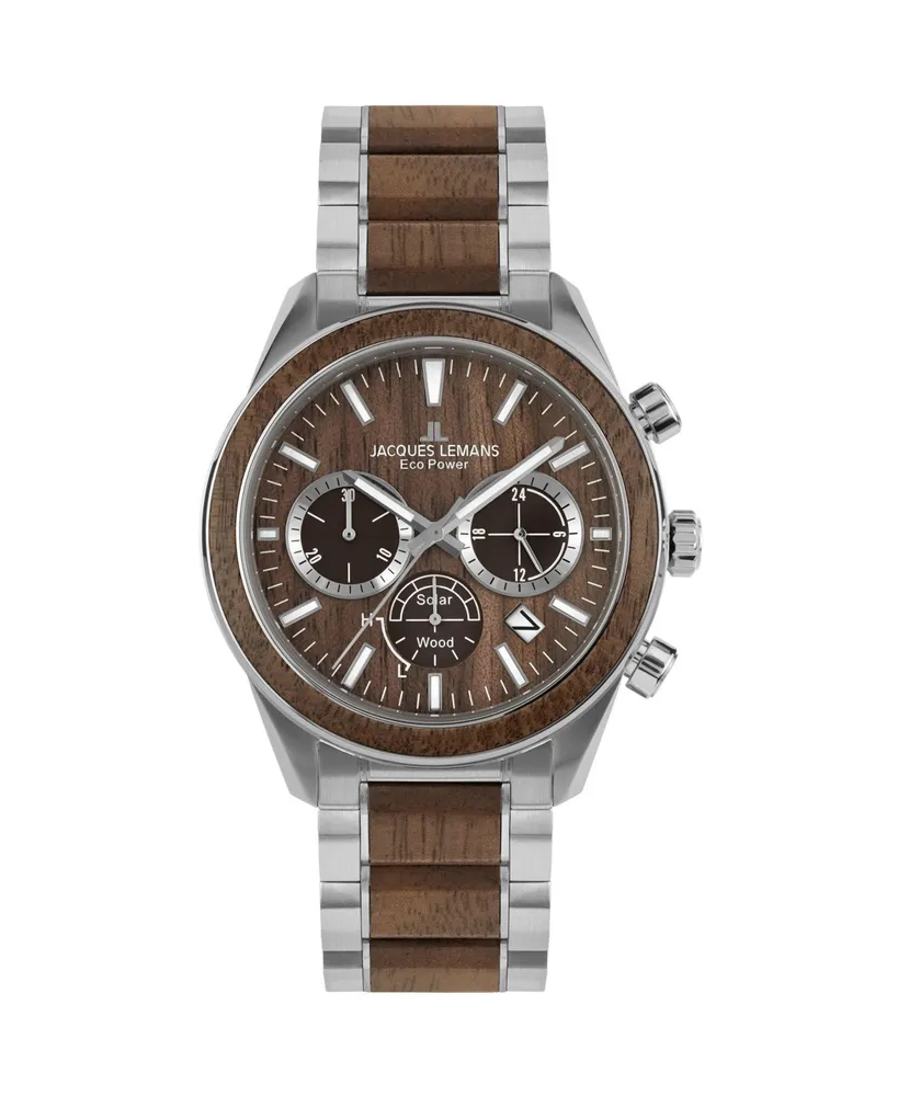 Jacques Lemans Men's Eco Power Watch with Solid Stainless Steel / Wood Inlay Strap, Chronograph 1-2115