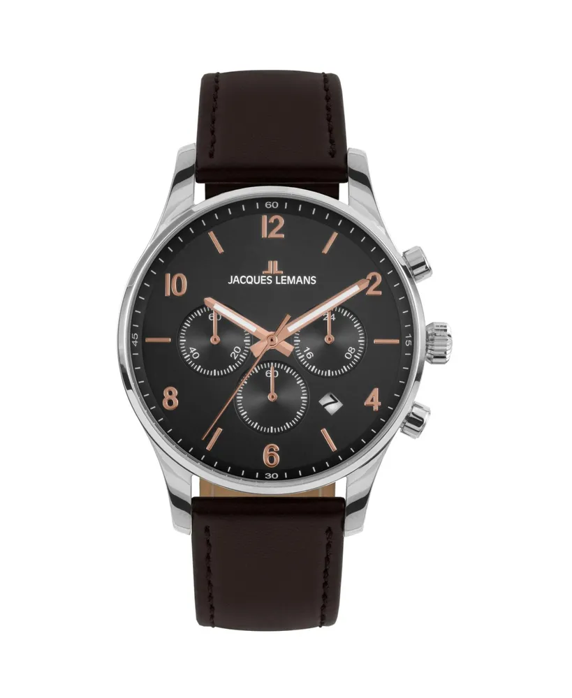 Jacques Lemans Men's London Watch with Leather Strap, Solid Stainless Steel, Chronograph