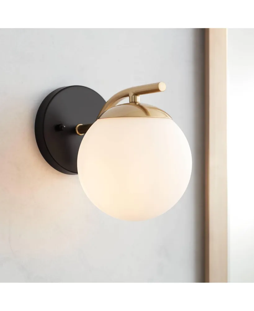 Possini Euro Design Kamara Mid Century Modern Wall Light Sconce Soft Gold Black Hardwired 6" Fixture Frosted White Globe Glass Shade for Bedroom Bathr