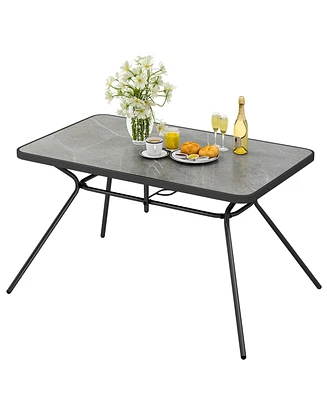 Costway Patio Rectangle Dining Table 49'' x 29.5'' Marble-Like Tabletop with Umbrella Hole