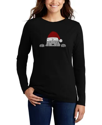 La Pop Art Women's Christmas Peeking Dog Word Long Sleeve T-shirt