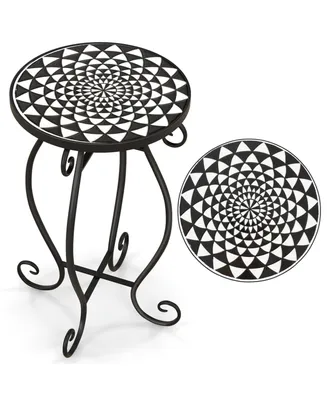 Costway Mosaic Outdoor Side Table, Round End Table with Weather Resistant Ceramic Tile Tabletop