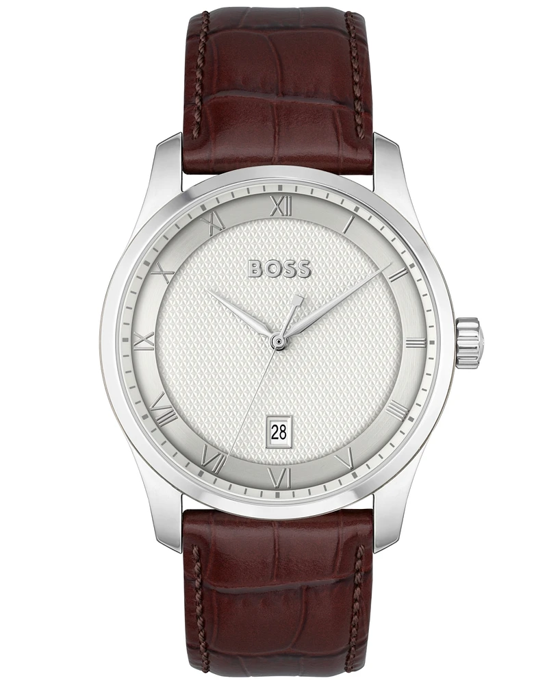 Hugo Boss Men's Principle Quartz Basic Calendar Brown Leather Watch 41mm