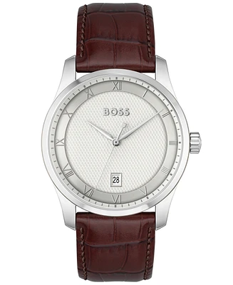 Hugo Boss Men's Principle Quartz Basic Calendar Brown Leather Watch 41mm