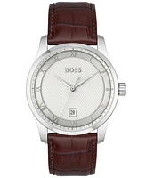 Hugo Boss Men's Principle Quartz Basic Calendar Brown Leather Watch 41mm