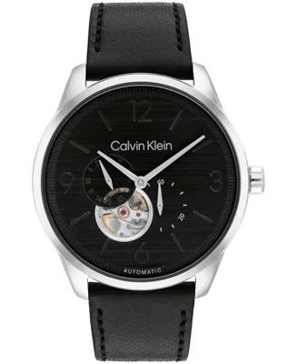 Calvin Klein Men's Automatic Black Leather Strap Watch 44mm