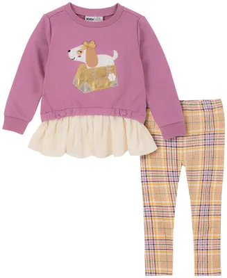 Kids Headquarters Little Girls Georgette Skirted French Terry Crew-Neck Tunic and Plaid Leggings, 2 Piece Set