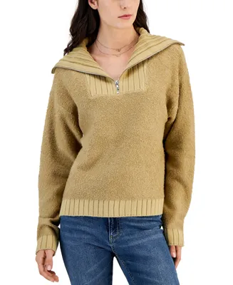 Sugar Moon Juniors' Quarter-Zip Long-Sleeve Boucle Sweater