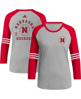 Women's adidas Gray Nebraska Huskers Baseball Raglan 3/4-Sleeve T-shirt