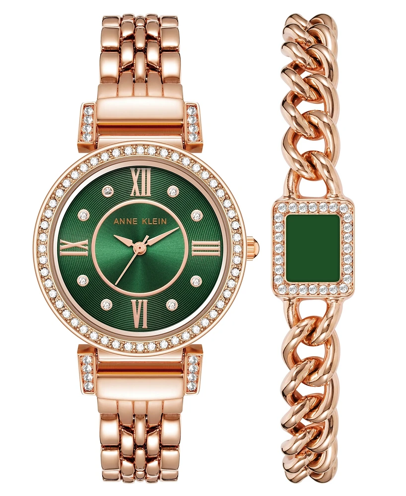 Anne Klein Women's Three Hand Quartz Rose Gold-tone Alloy with Green Dial Watch Set, 31mm