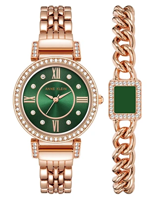 Anne Klein Women's Three Hand Quartz Rose Gold-tone Alloy with Green Dial Watch Set, 31mm