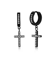 Stainless Steel Cross Cz Charm Huggie Hoop Earrings