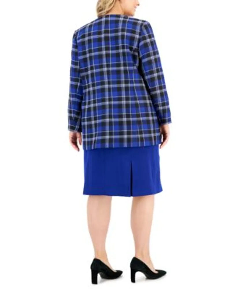 Kasper Plus Size Crewneck Chiffon Sleeve Knit Top Plaid Open Front Blazer Box Pleat Zip Back Pencil Skirt